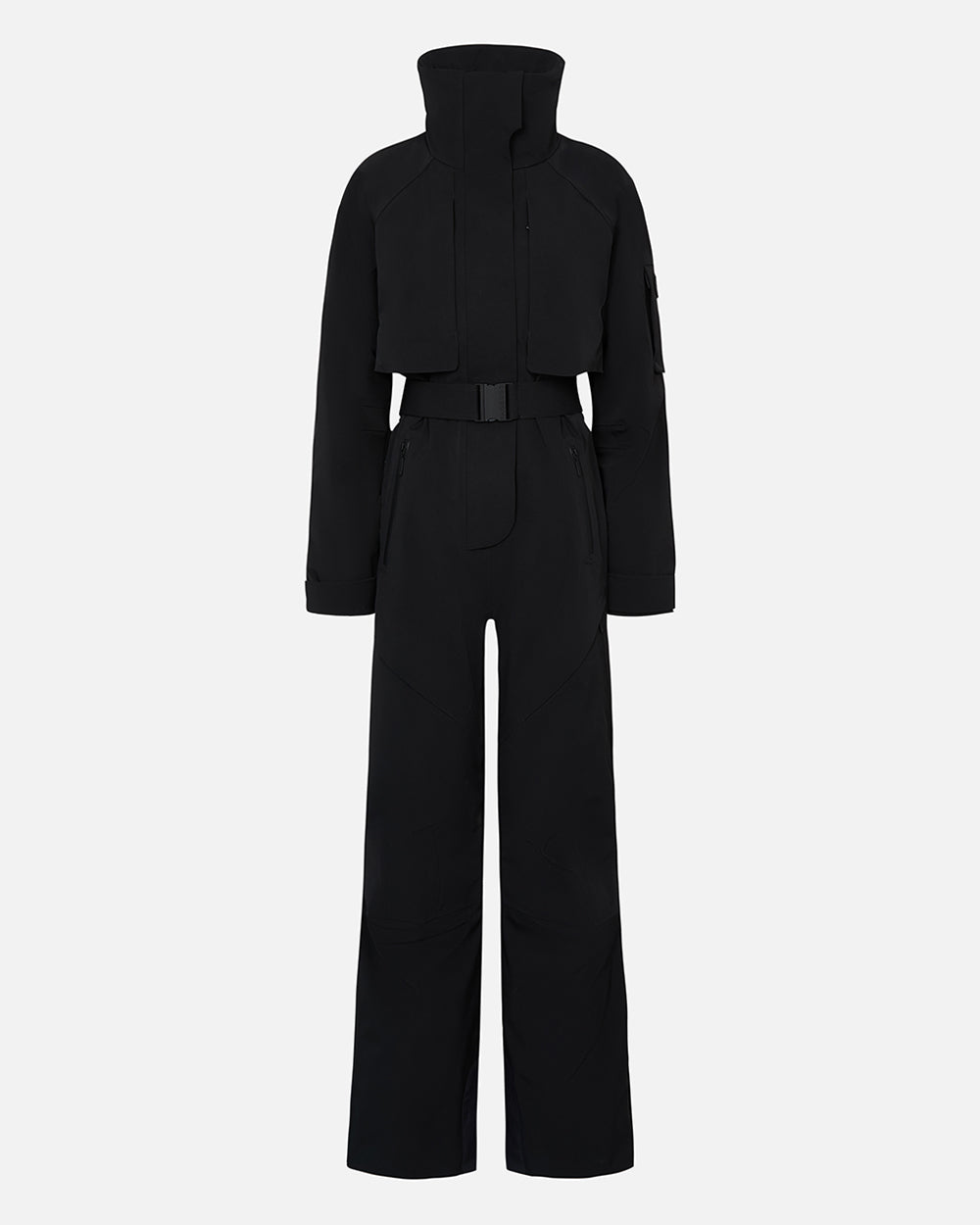 Ghost shot of a black color waterproof technical fabric ski suit with a belted waist. #color_onyx