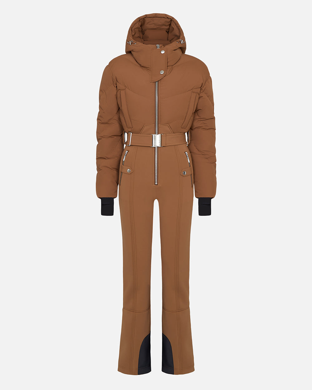 A ghost shot of the Ajax Sepia brown color ski suit with a belted waist, down filled top, and 4-way stretch bottom. #color_sepia