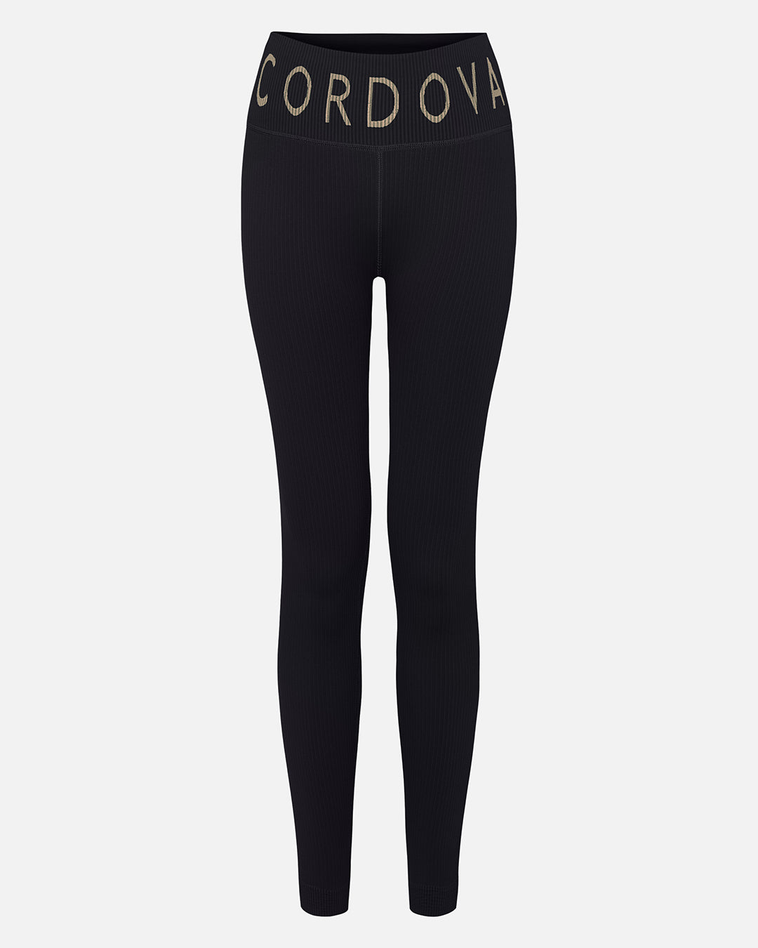 Black leggings with 'Cordova' branding on a white background #color_onyx