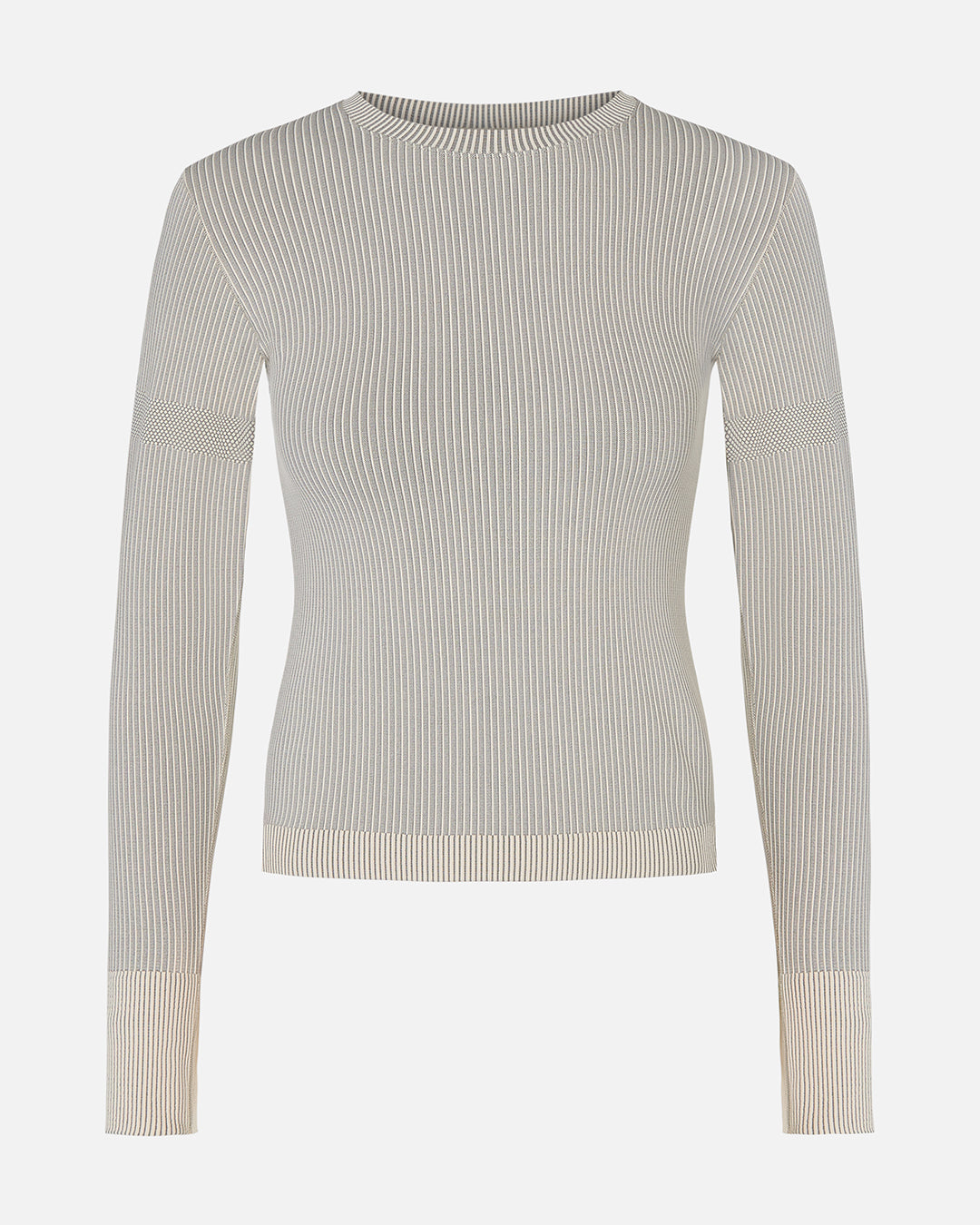 Ribbed knit sweater with color block design on a white background #color_ecru