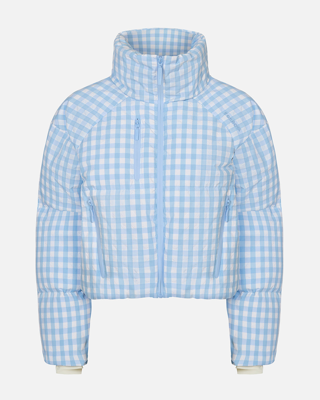 Blue and white checkered puffer jacket on a light gray background #color_cerulean gingham