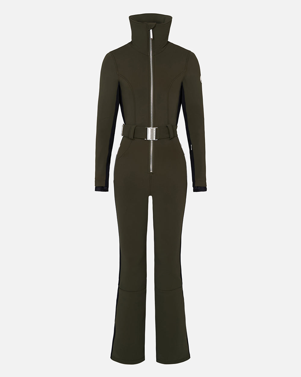 Ghost shot of a body hugging ski suit in khaki green with a belted waist and black side stripe #color_khaki