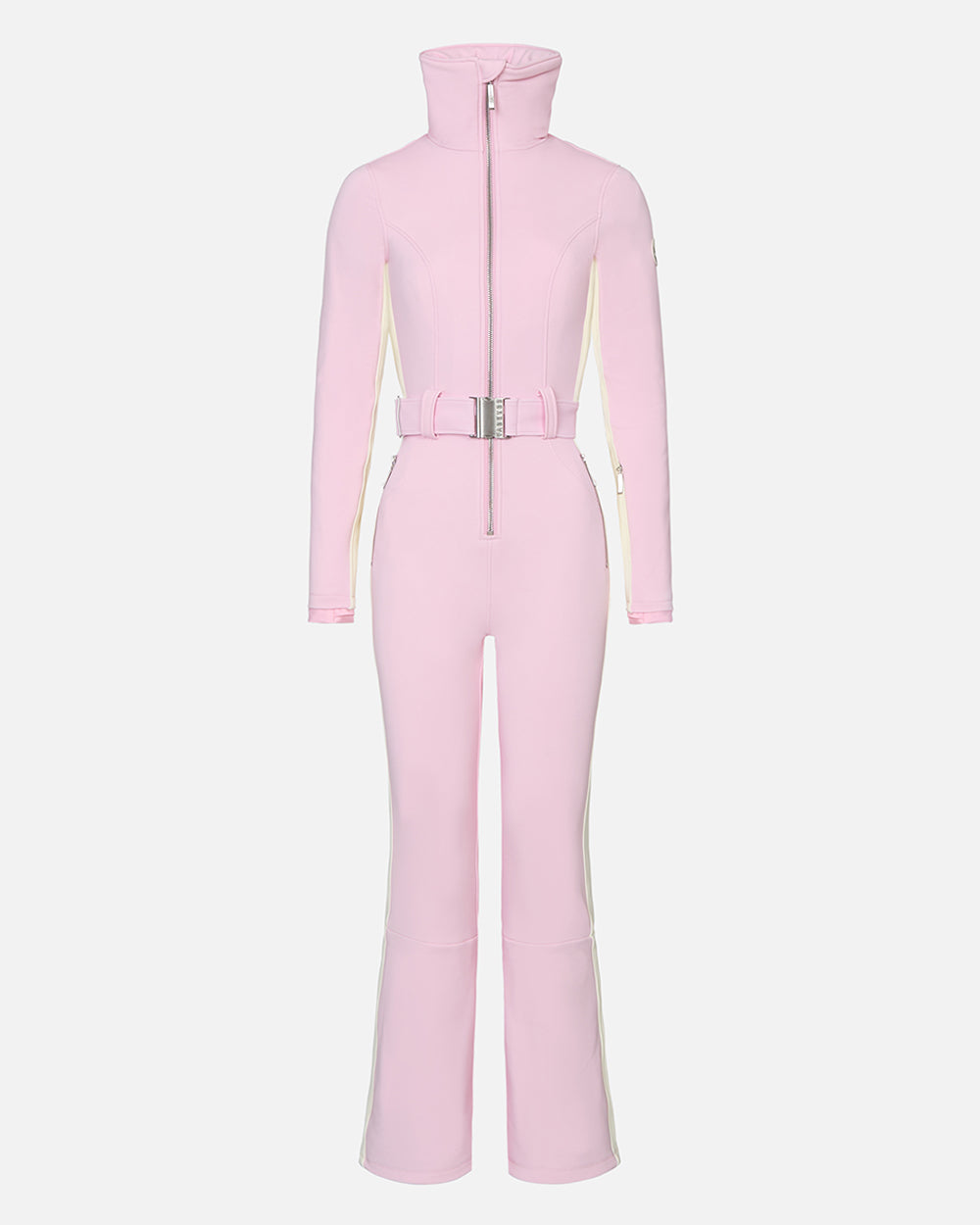 Ghost shot of a peony pink, body hugging ski suit with belted waist and white side stripe. #color_peony