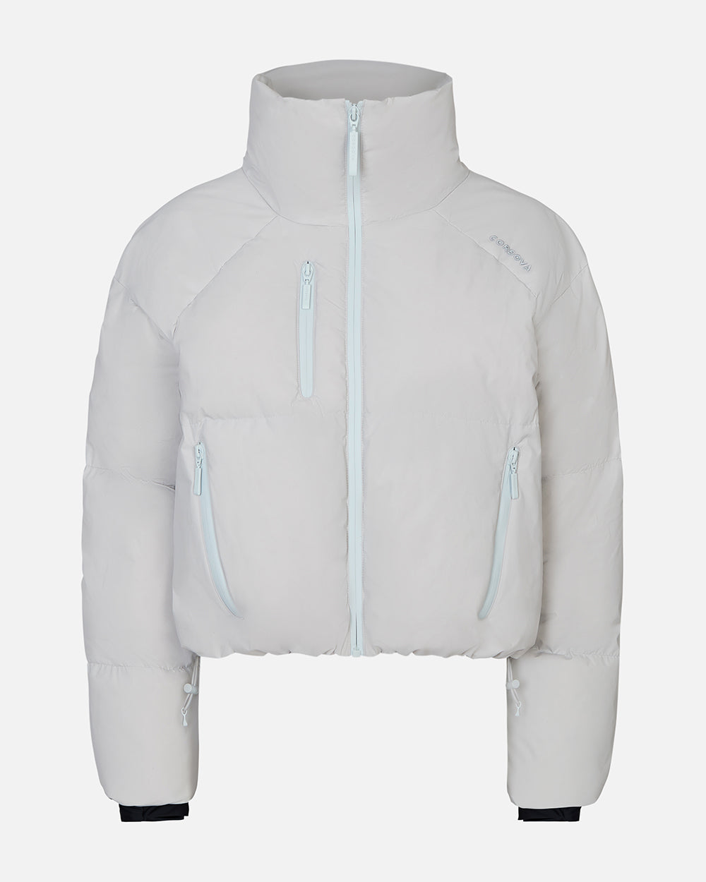 Light gray puffer jacket with light blue zippers on a white background #color_smoke