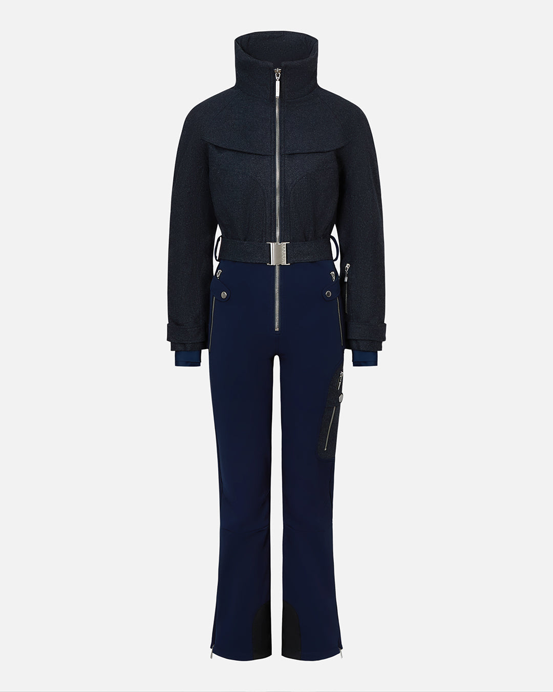 Navy ski suit with a jacket and pants on a white background #color_indigo