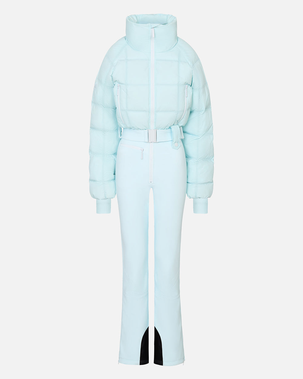 Ghost shot of a iceberg blue ski suit with a quilted down top, belted waist, and 4-way stretch pant. #color_iceberg