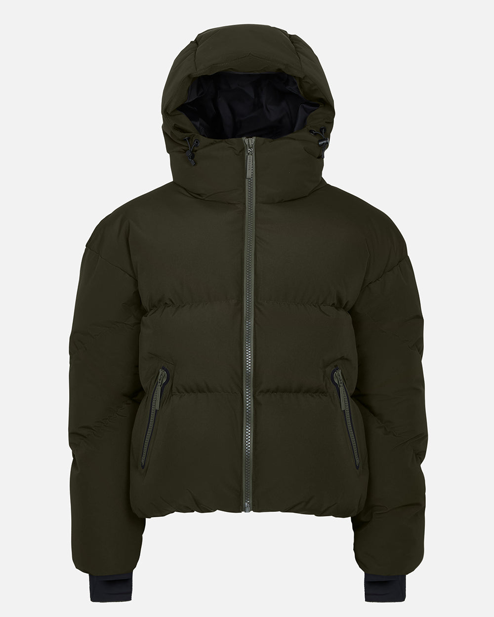 Dark green puffer jacket with a hood on a light gray background