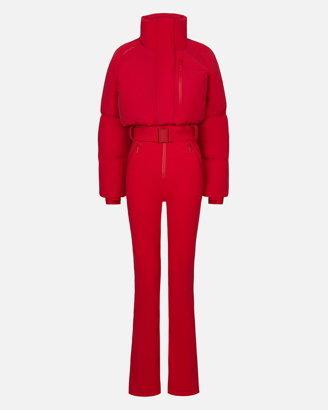 Vibrant red belted down ski suit on a white background #color_poppy