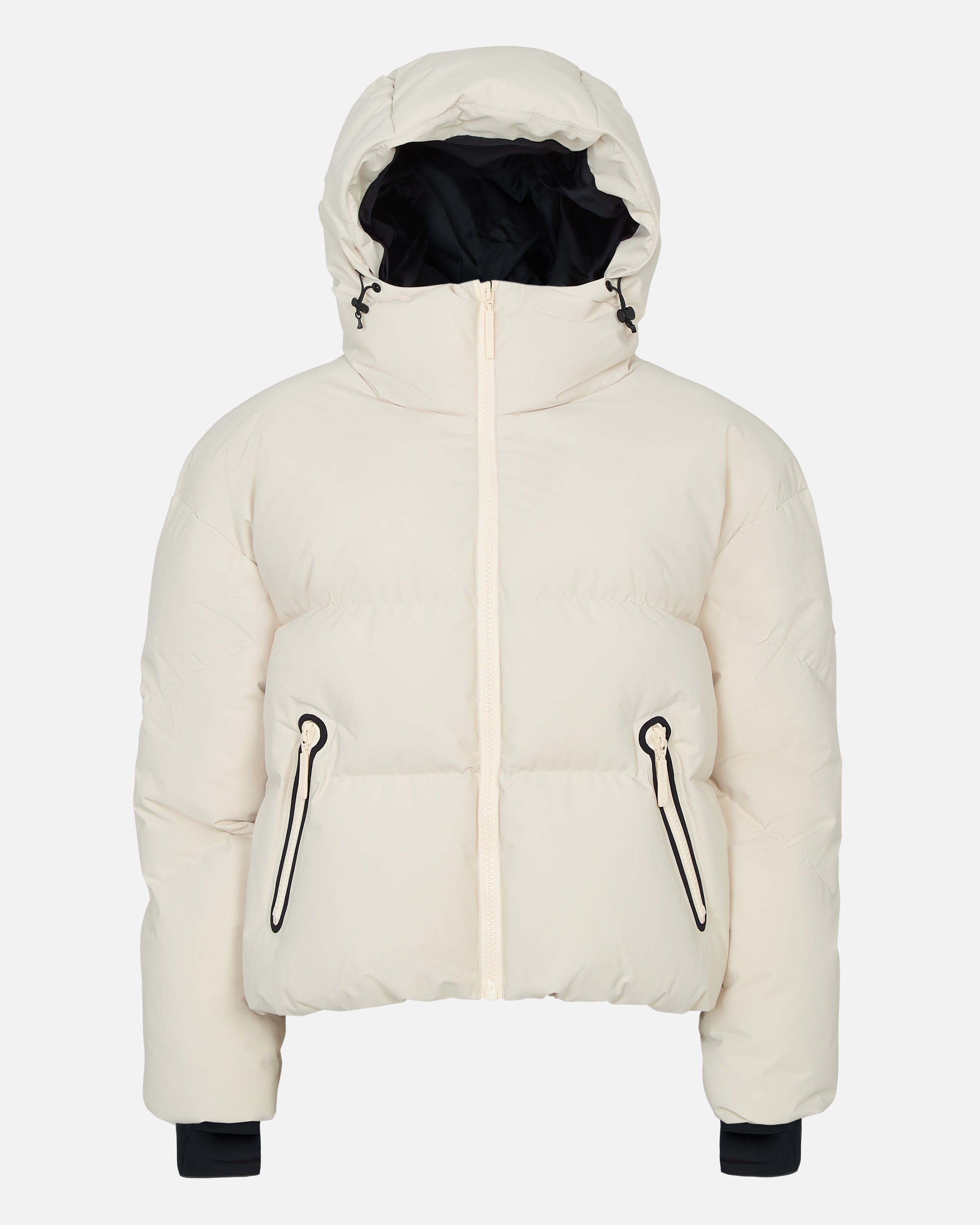 White puffer jacket with black accents on a white background #color_birch