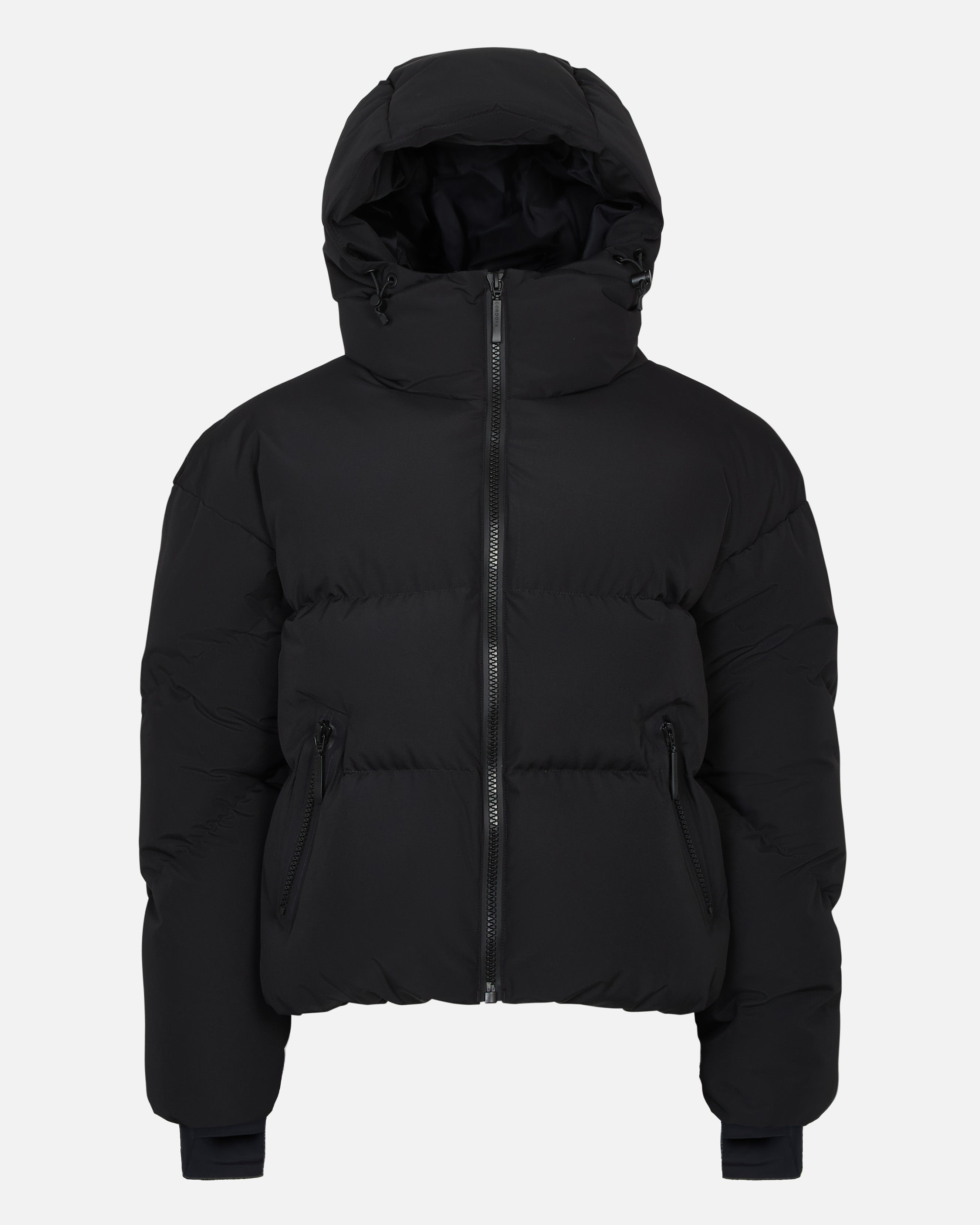 Black puffer jacket with a hood on a white background #color_onyx