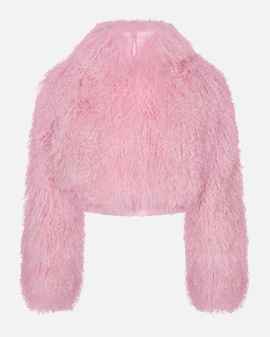 Pink fluffy shearling jacket on a white background #color_peony