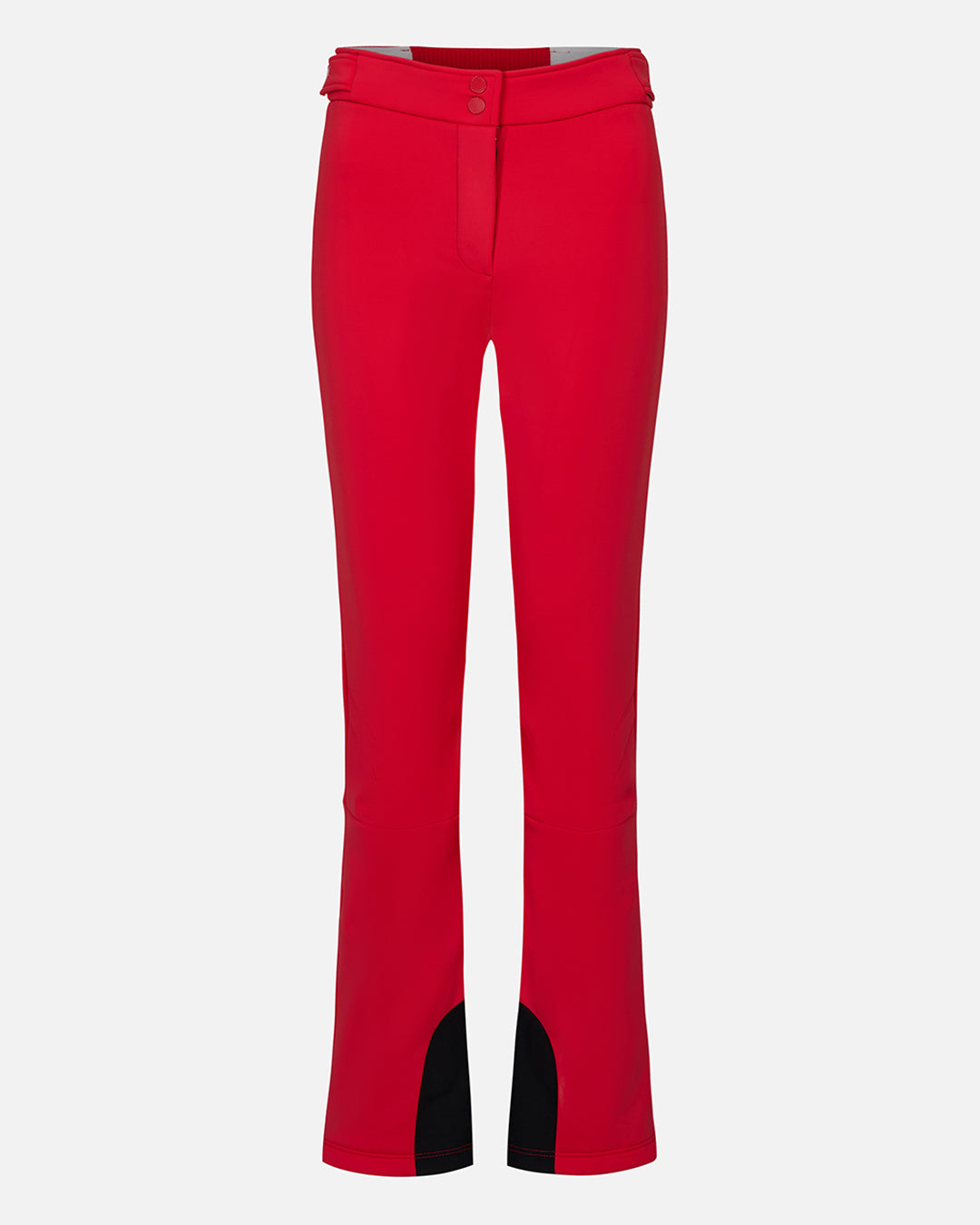 Vibrant red ski pants with black accents on a white background #color_poppy