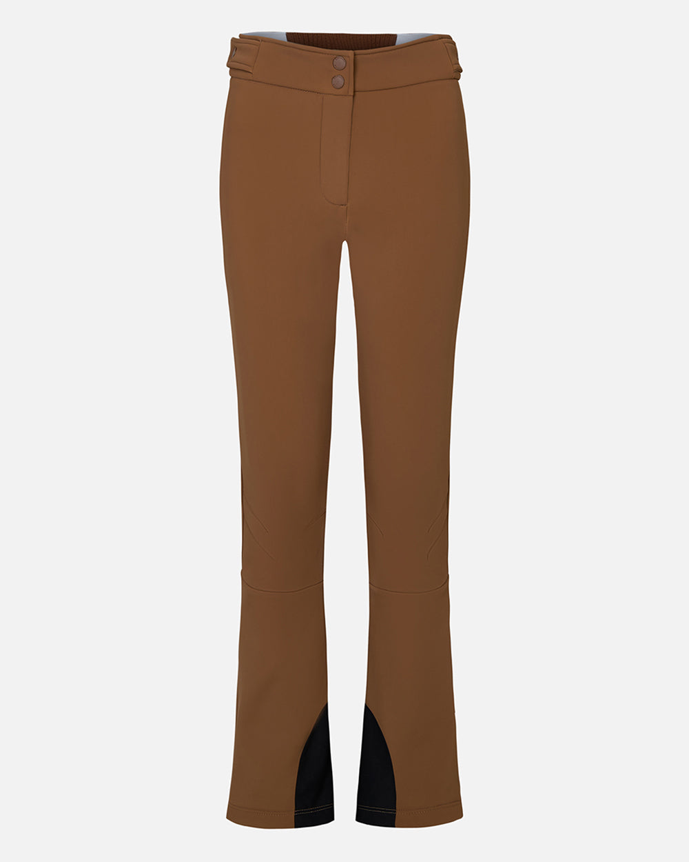 Brown ski pants with a black patch on a white background #color_sepia