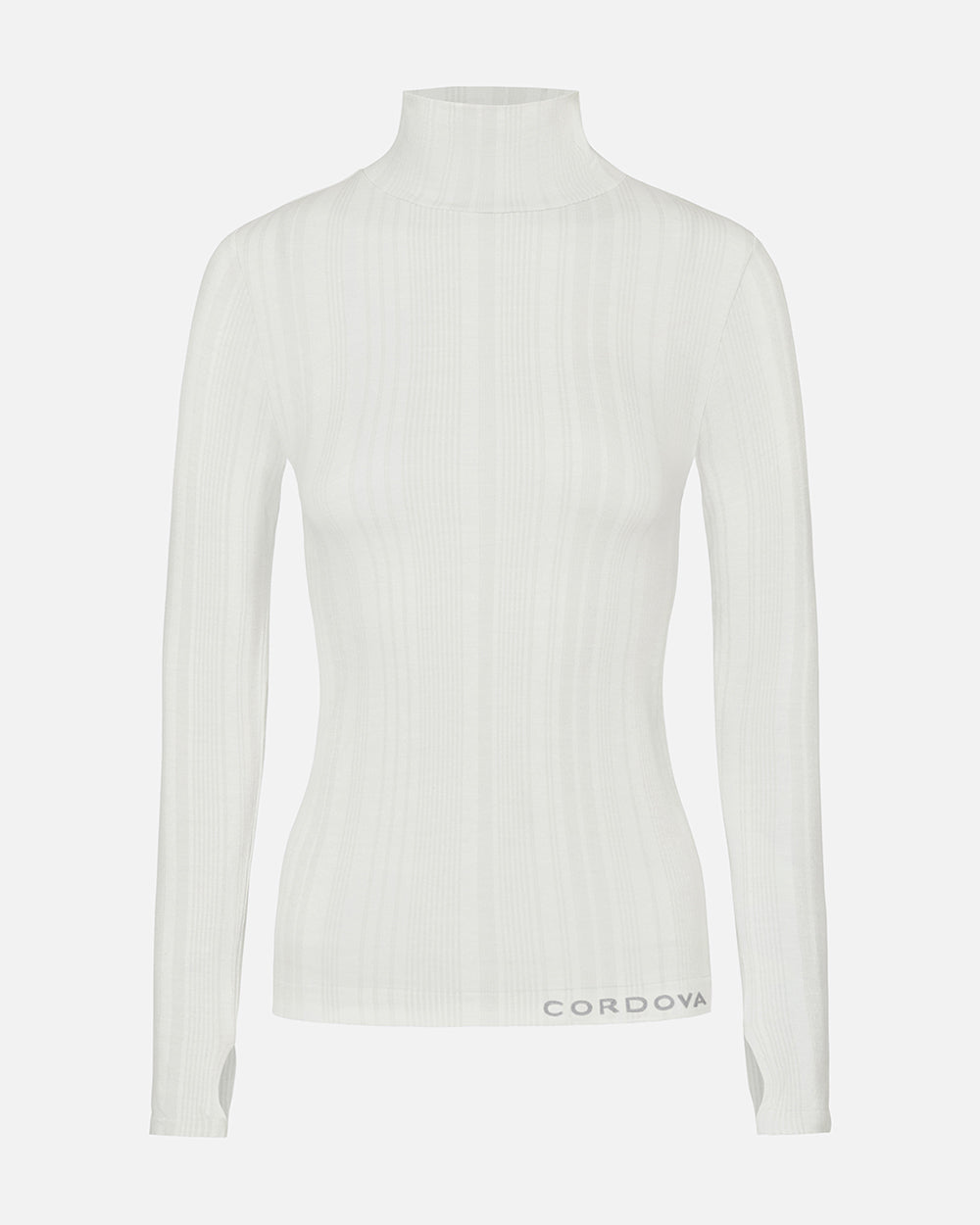 White ribbed turtleneck sweater on a light gray background with 'Cordova' branding. #color_alabaster