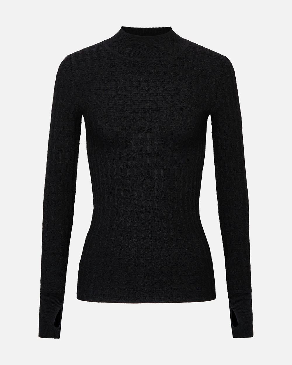 Black textured turtleneck sweater on a light gray background #color_onyx