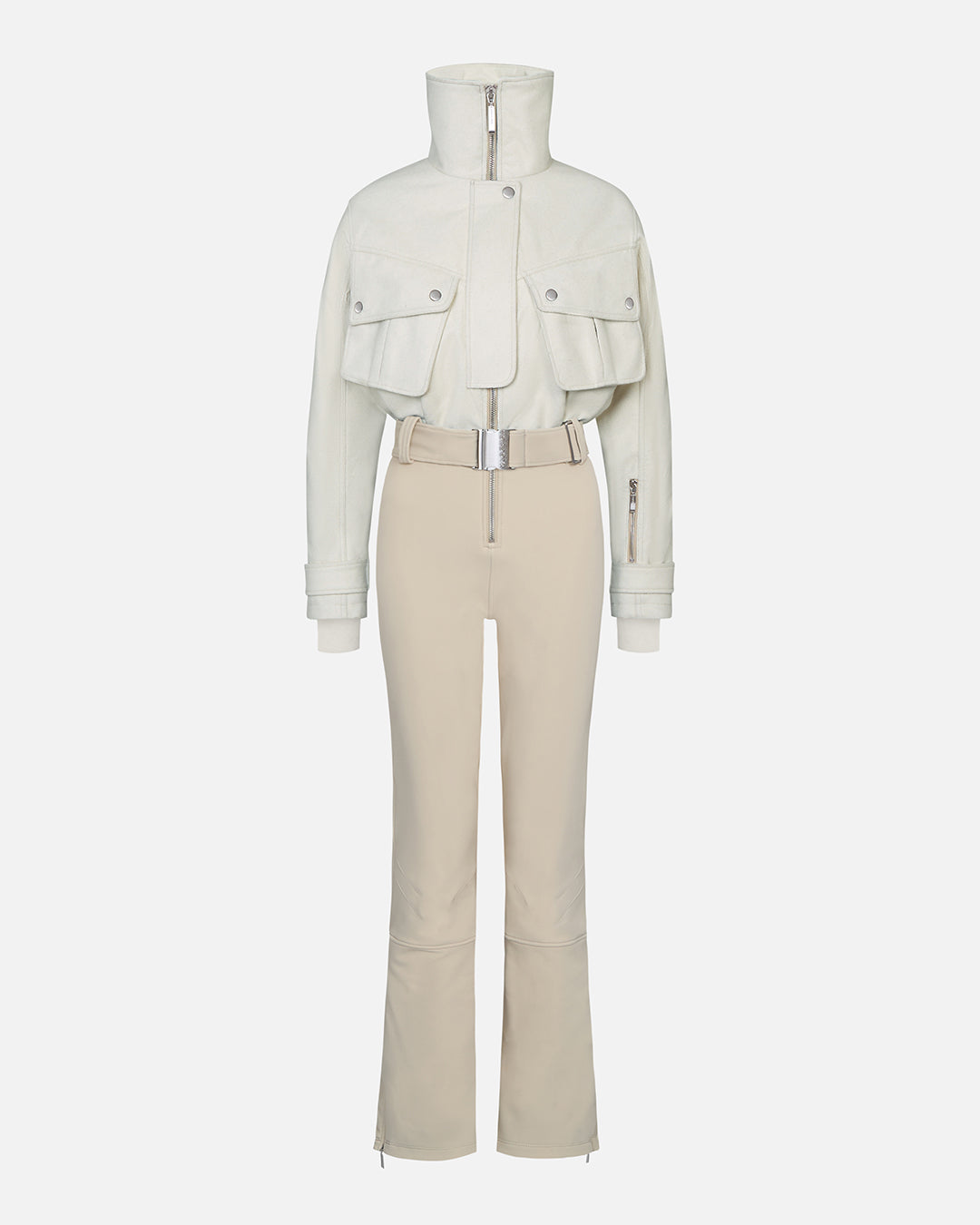 a natural white color wool top ski suit with belted waist and tan color 4-way stretch bottom. #color_natural / sand