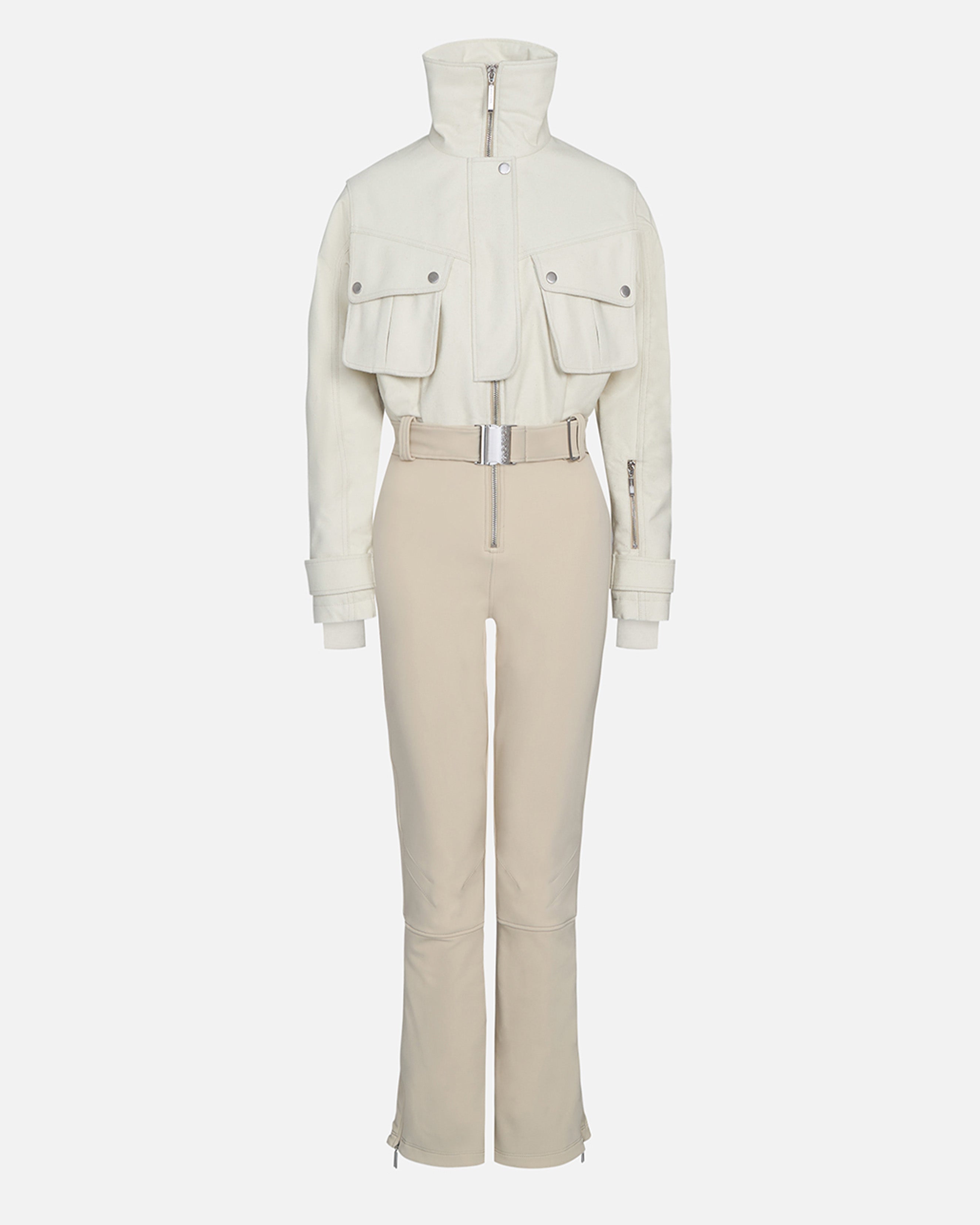 Wool belted ski suit cream and tan on a light grey background #color_natural / sand