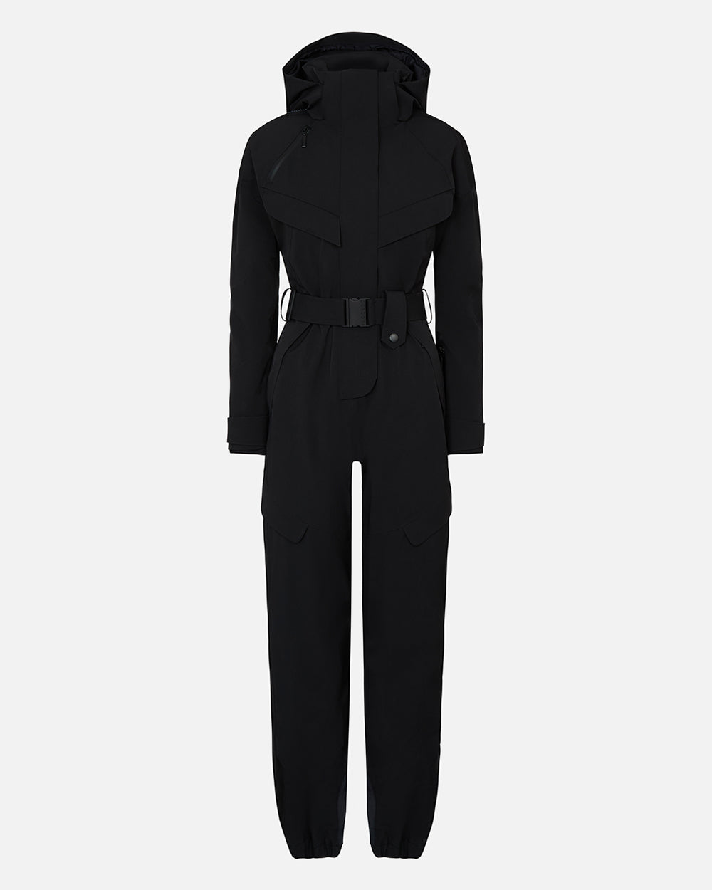 Ghost image of a belted, technical black color ski suit made of waterproof fabric. #color_onyx