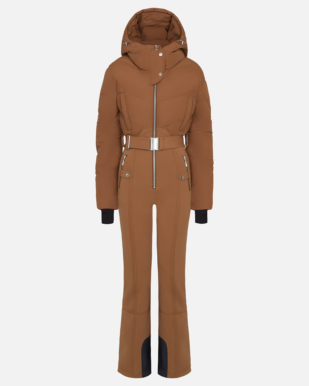 Brown ski jumpsuit with a hood on a white background #color_sepia