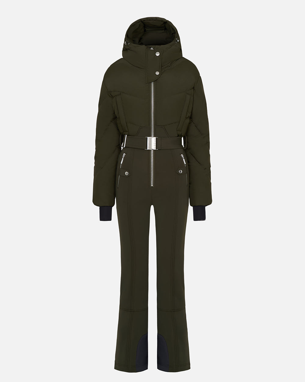 A ghost shot of the Ajax khaki green color ski suit with a belted waist, down filled top, and 4-way stretch bottom. #color_khaki