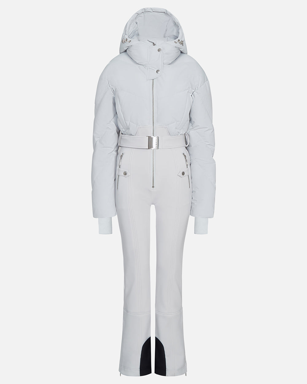 A ghost shot of the Ajax Smoke gray color ski suit with a belted waist, down filled top, and 4-way stretch bottom. #color_smoke