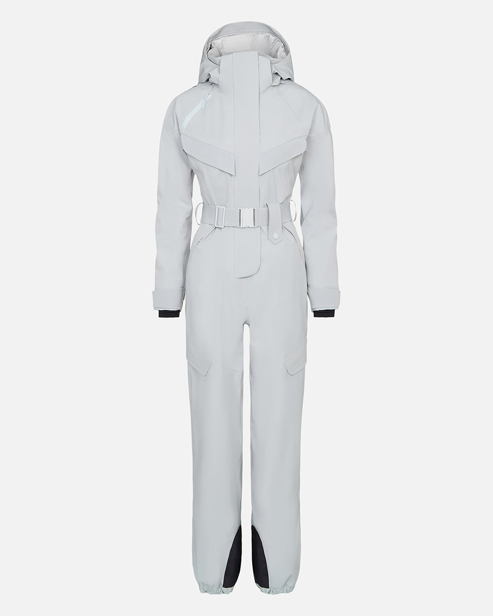 Ghost image of a belted, technical smoke gray color ski suit made of waterproof fabric. #color_smoke