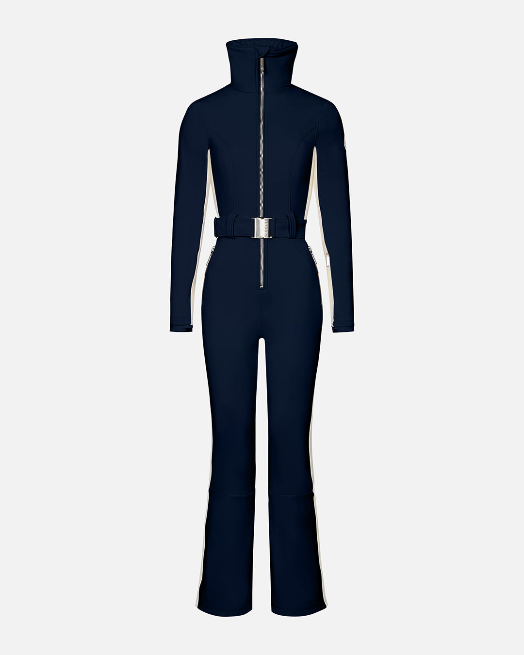 Navy blue ski jumpsuit with a belt on a white background #color_indigo