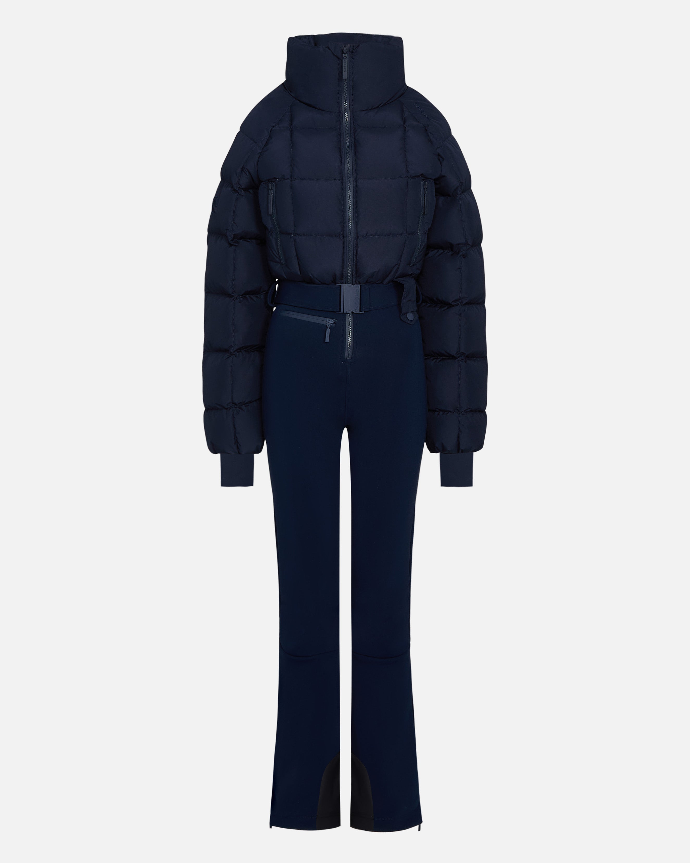 Indigo colored belted quilted ski suit on a light gray background #color_indigo