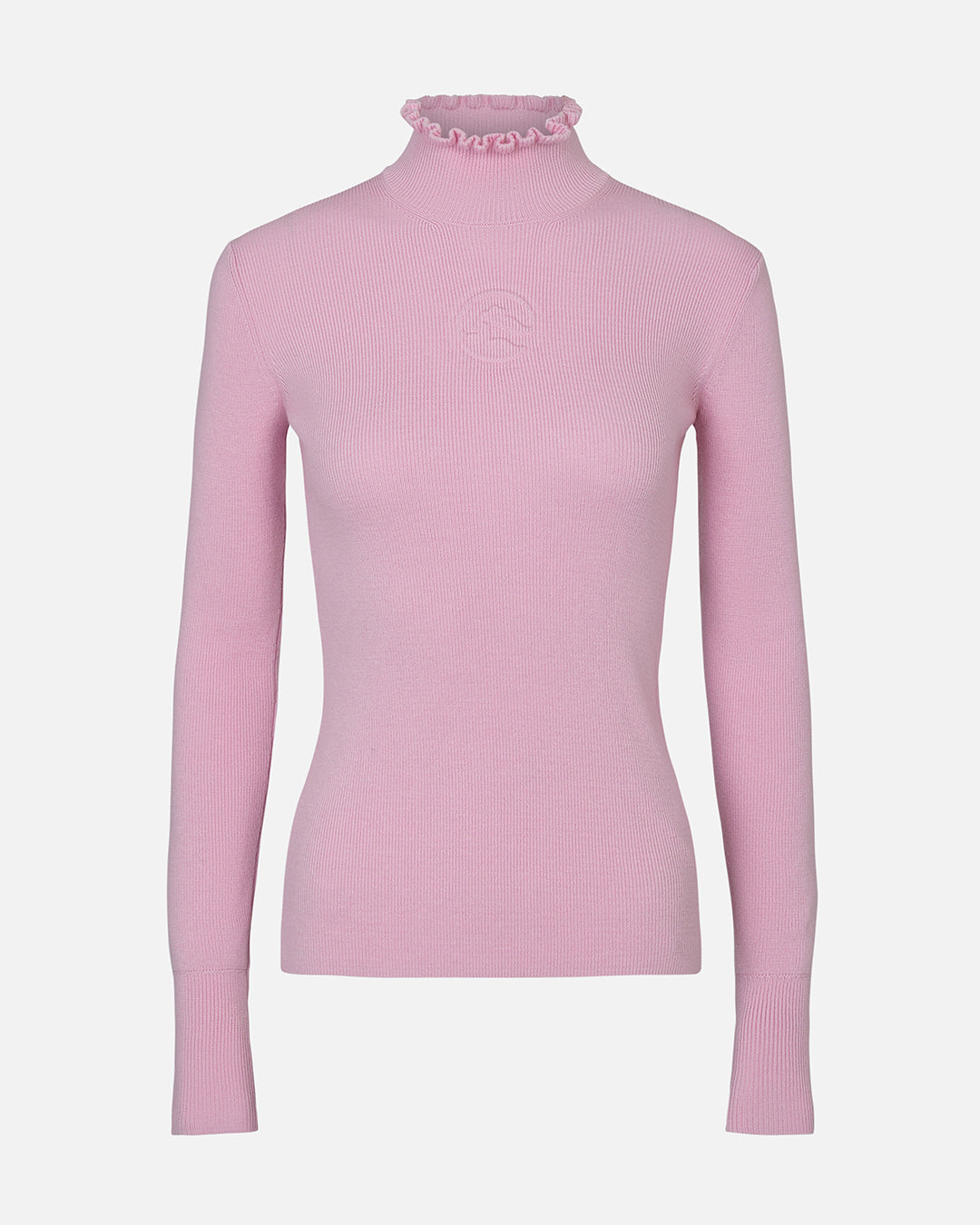 A peony pink knit ski sweater with ruffle edged turtleneck and 3d mountain logo on chest. #color_peony
