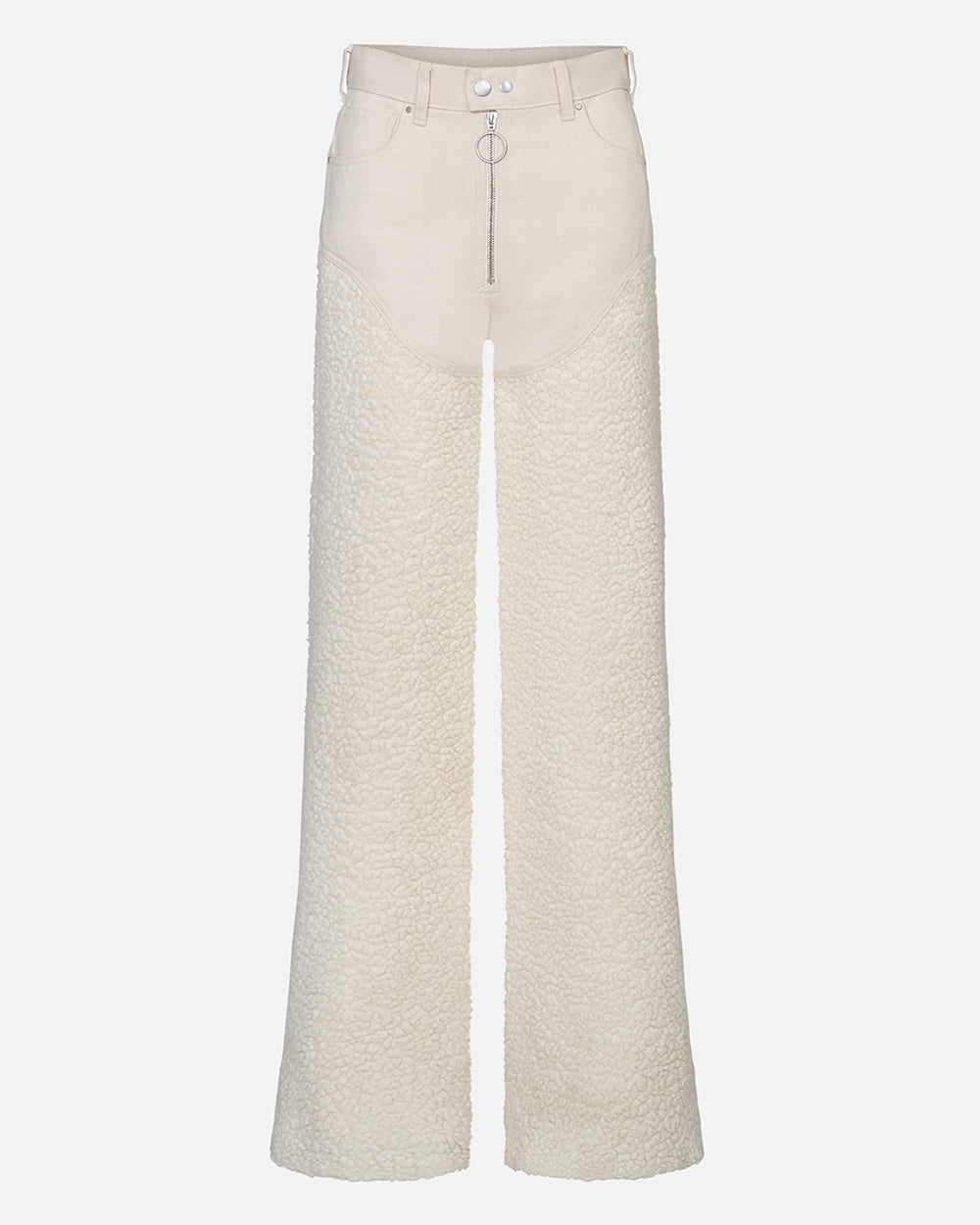 Ghost shot of a resortwear pant with denim upper and sherpa leg in a natural wool fleece color. #color_natural