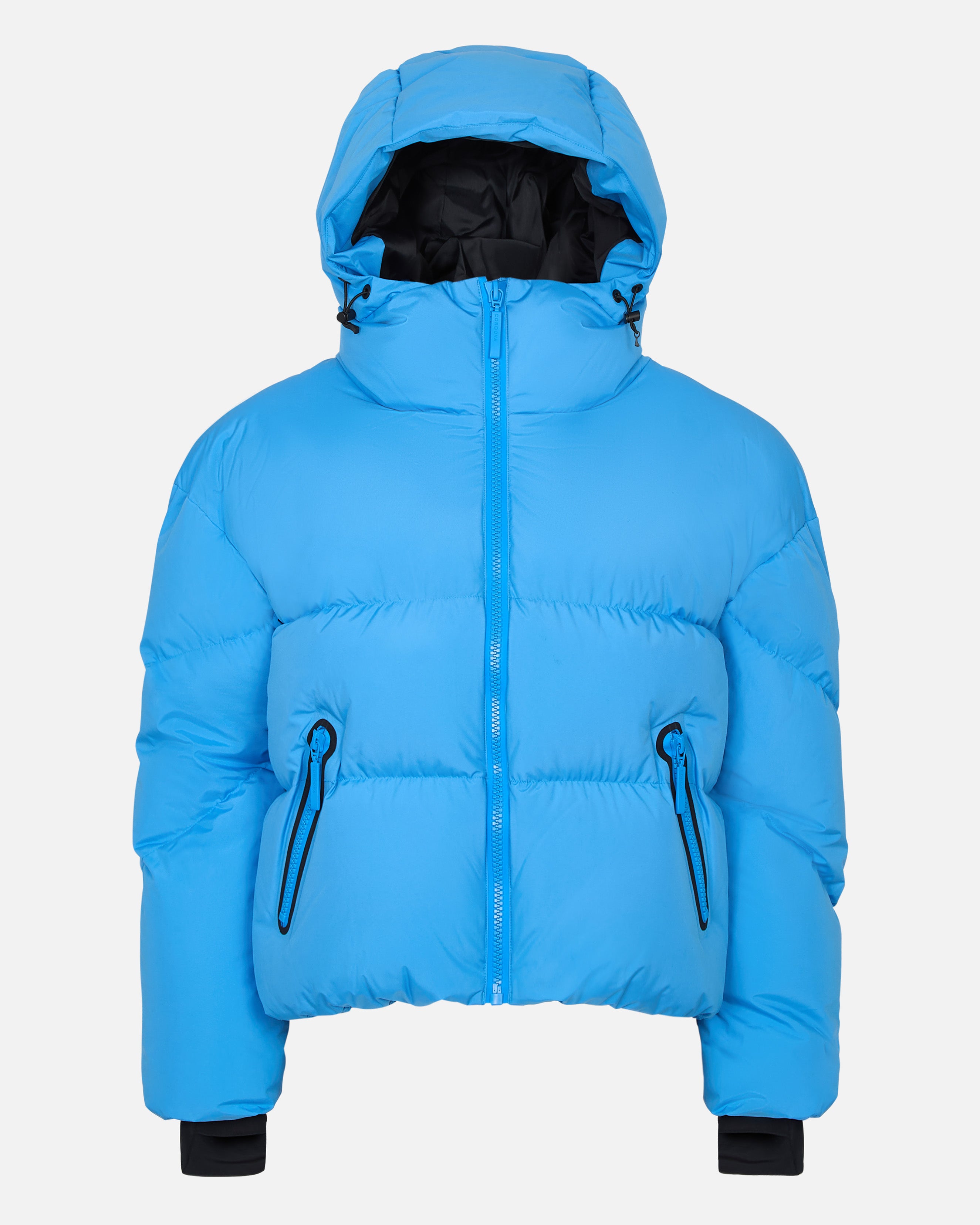 Blue puffer jacket with a hood on a white background #color_azul