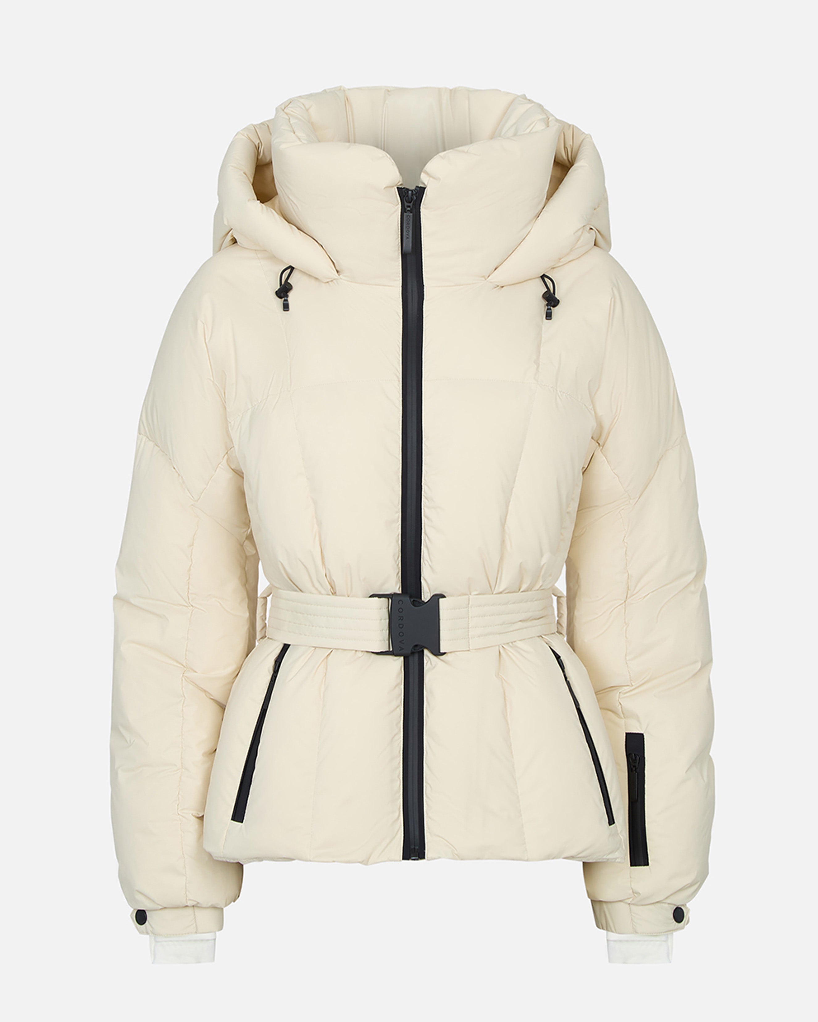 Cream-colored puffer jacket with a belt on a white background #color_birch