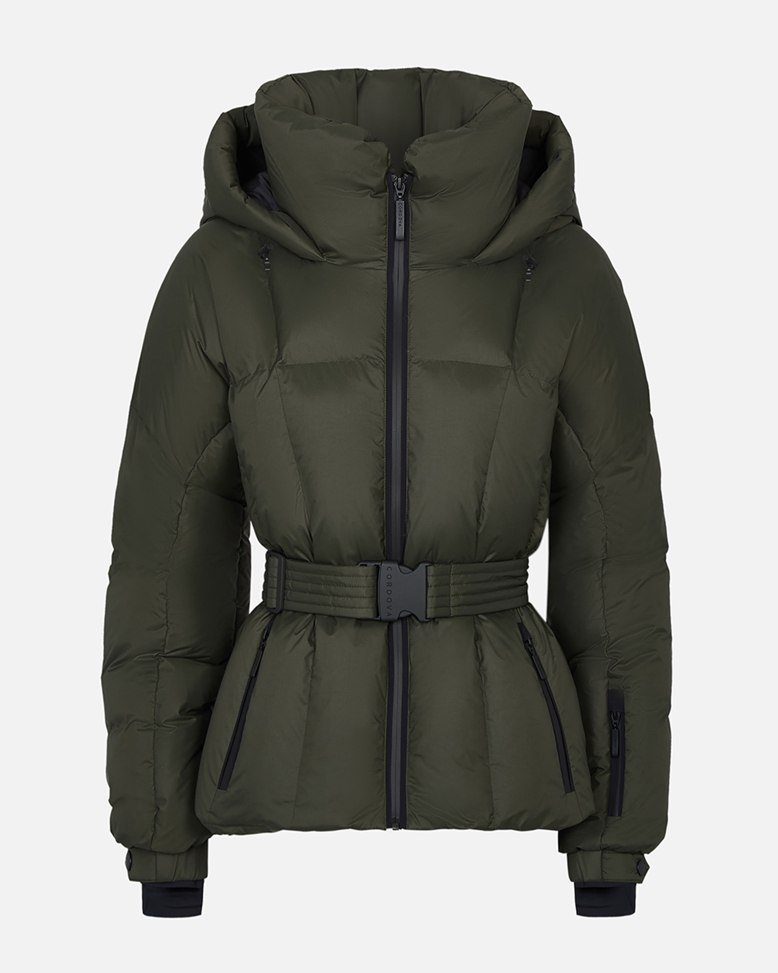 Green puffer jacket with a belt on a light gray background #color_khaki