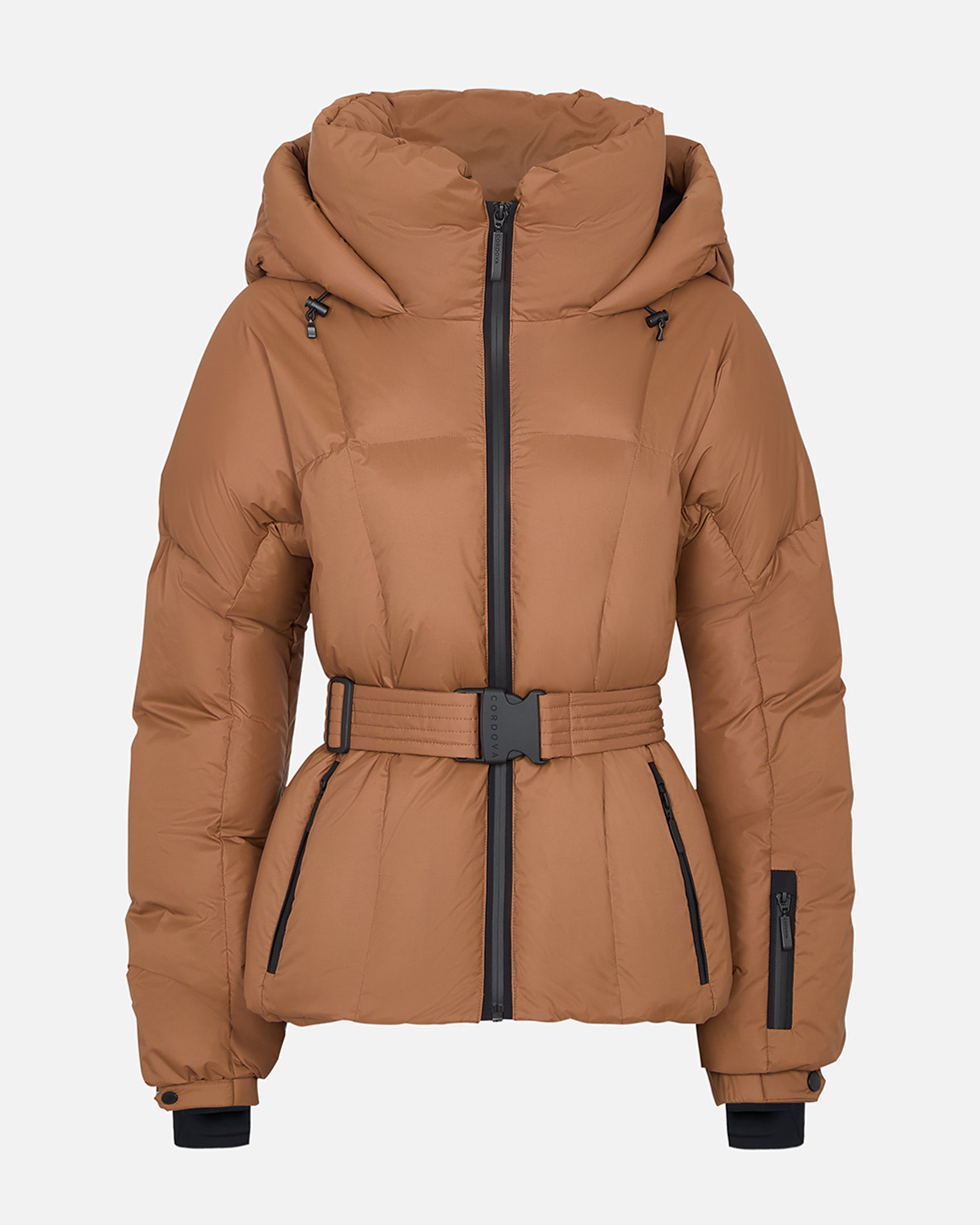 Brown puffer jacket with a belt on a white background #color_sepia
