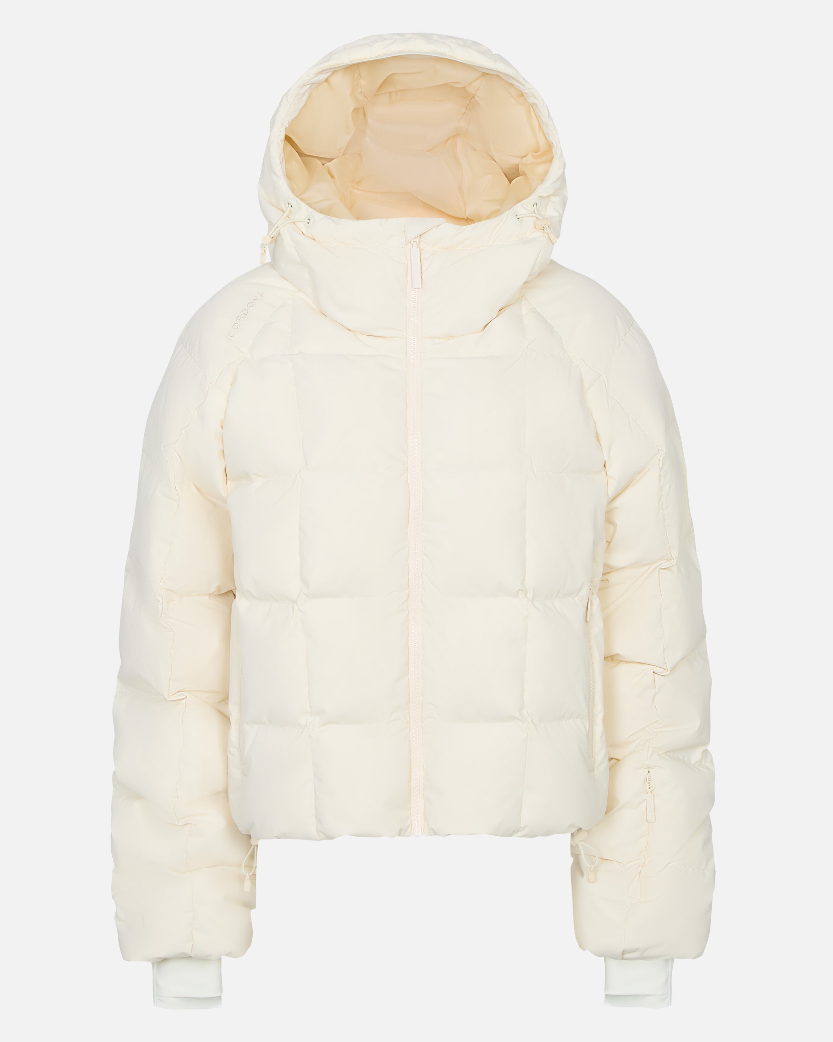 White puffer jacket with a hood on a white background #color_alabaster