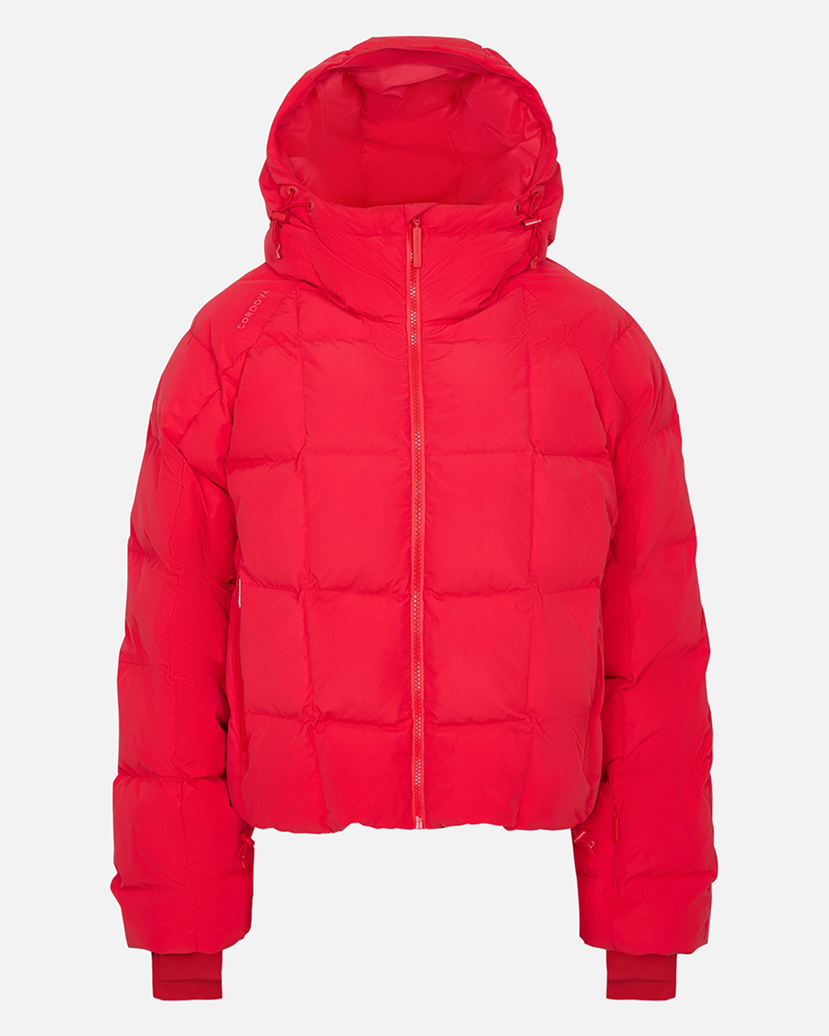 Red quilted puffer on a light grey background #color_poppy