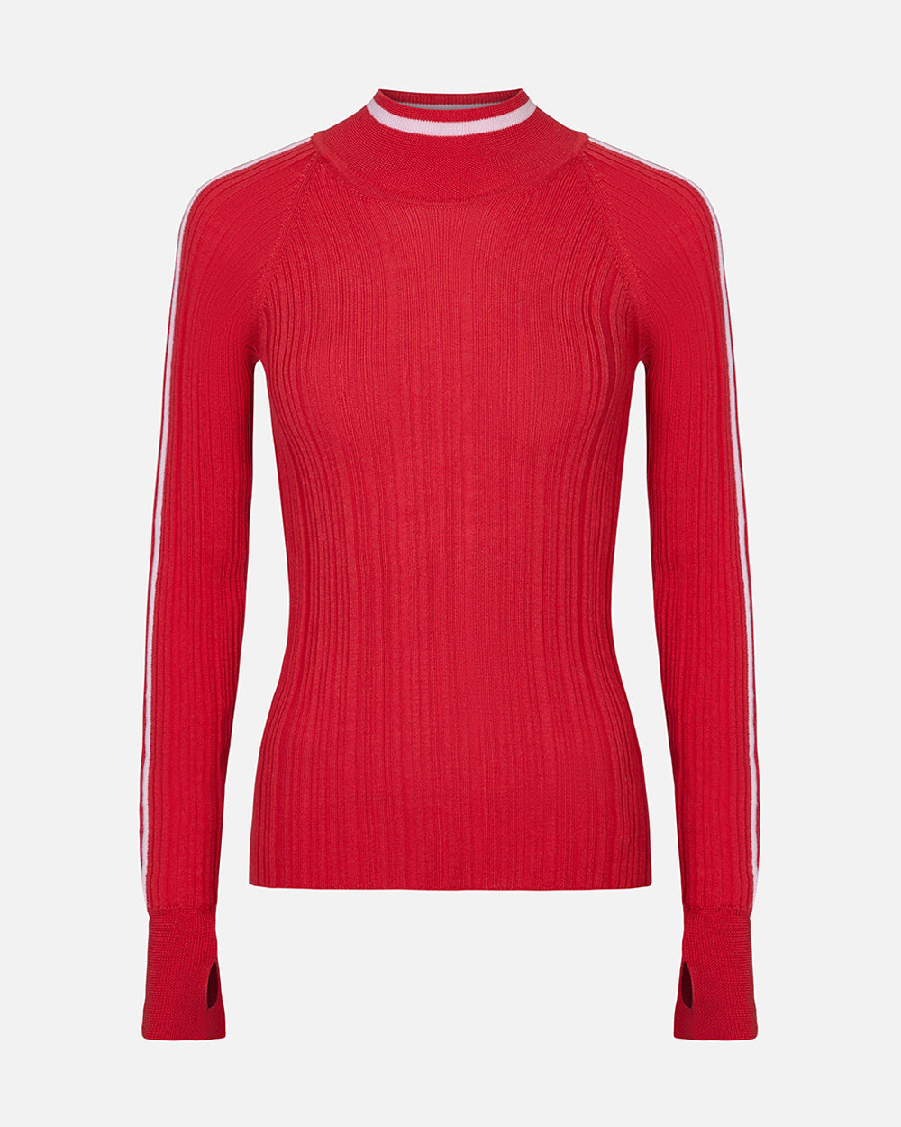 Red ribbed sweater with white contrast stripes on a light gray background. #color_poppy