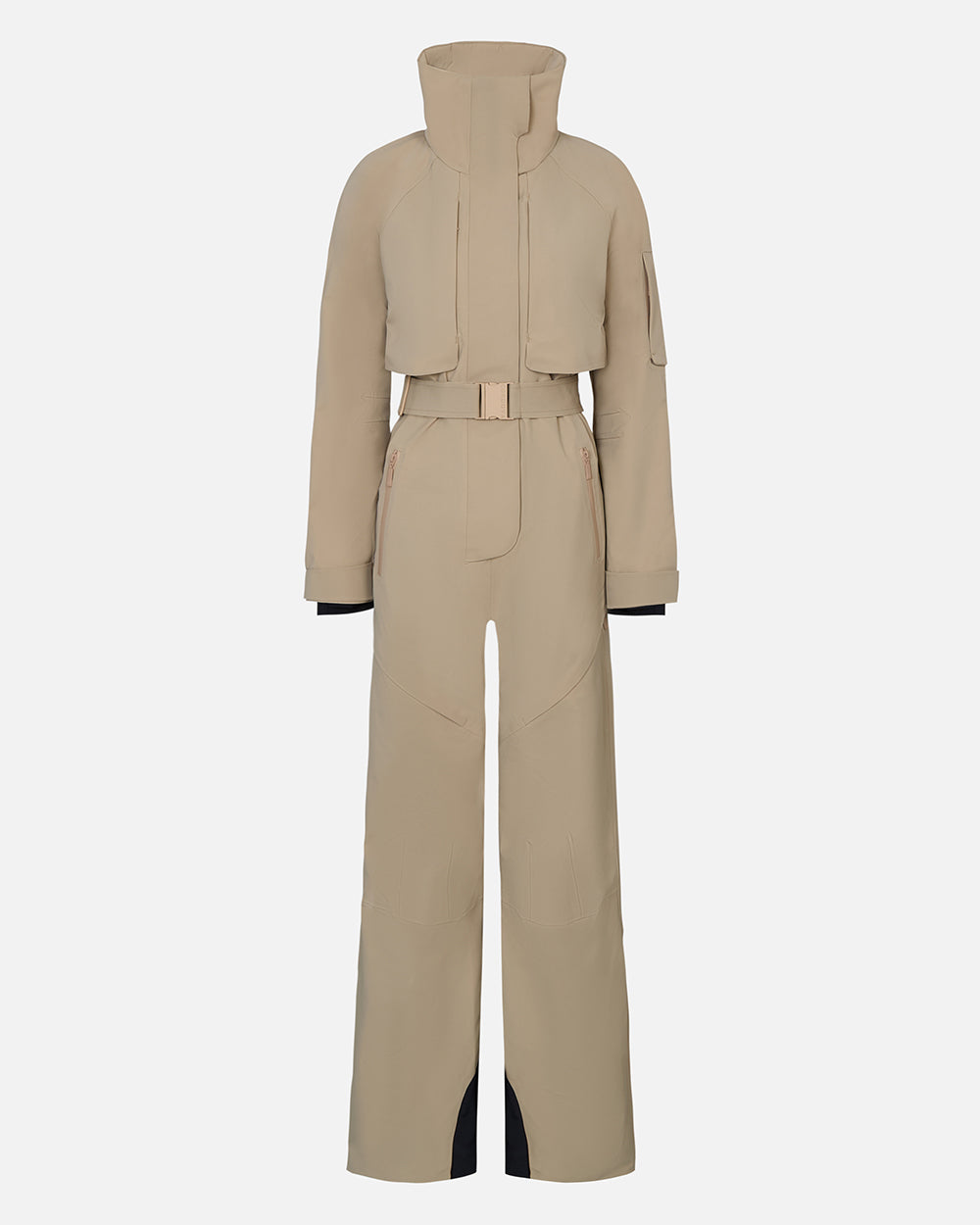 Beige ski suit with a belt on a white background. #color_sand